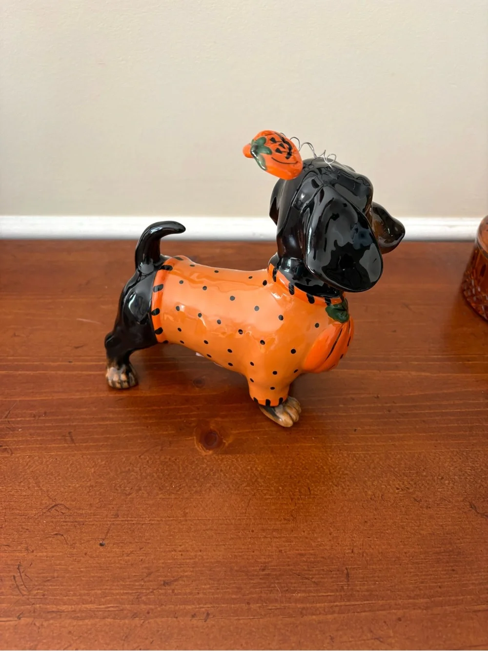 Blue Sky Halloween Dachshund Dog Figurine - Orange Pumpkin Design